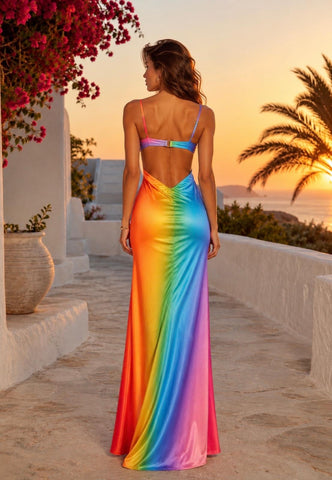 Rainbow Silk Satin Maxi Dress