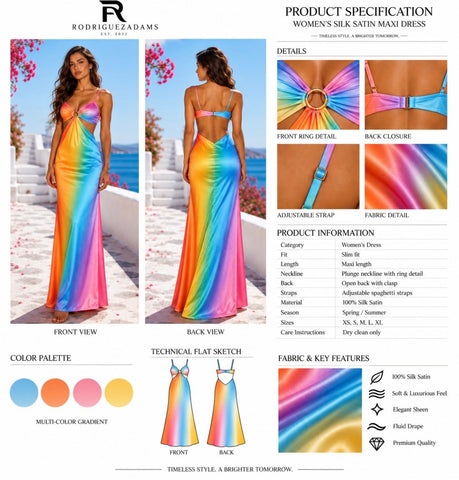 Rainbow Silk Satin Maxi Dress