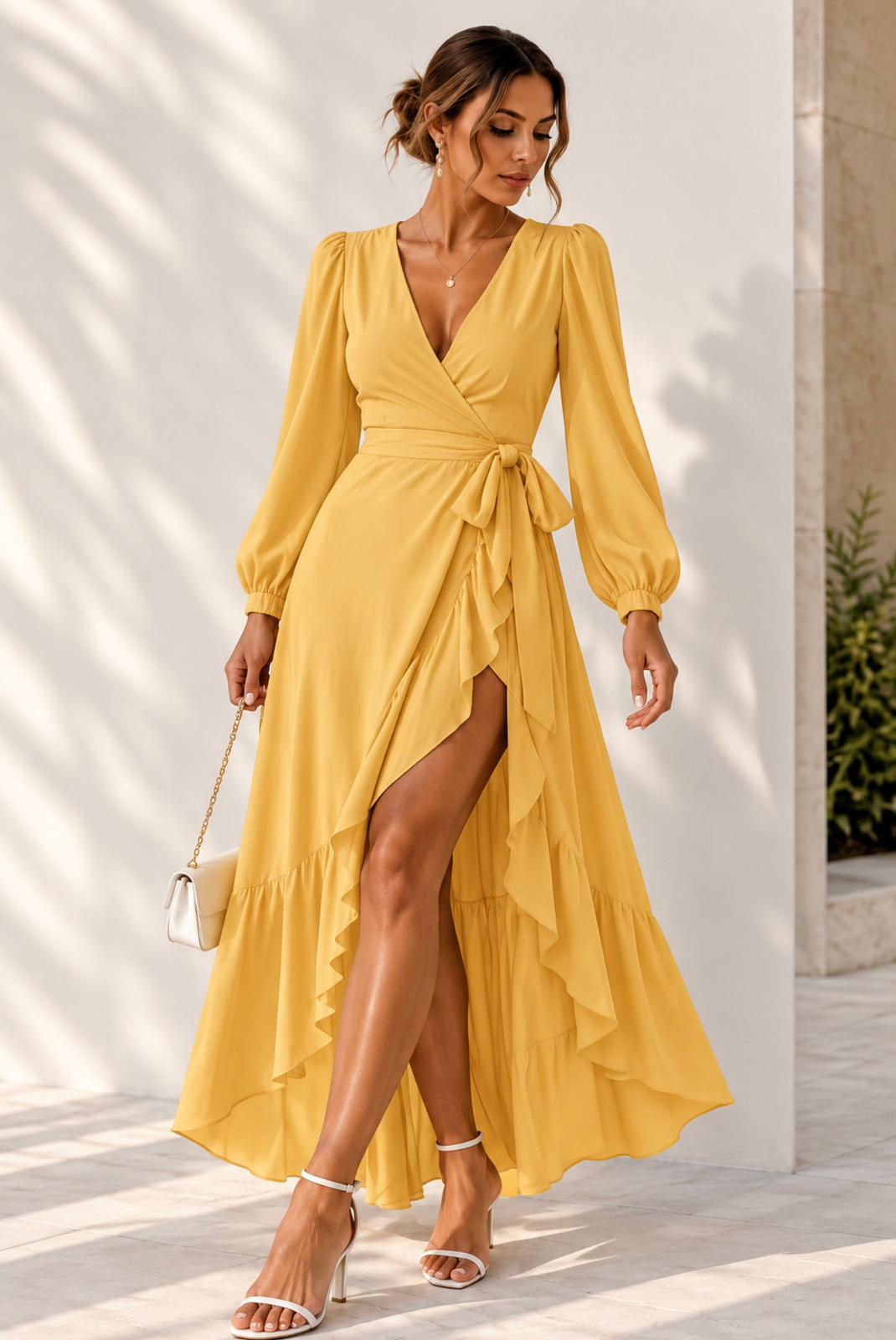 Silk Georgette Wrap Dress - Yellow