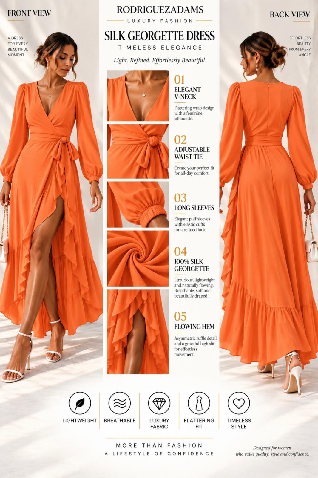 Silk Georgette Wrap Dress - Orange