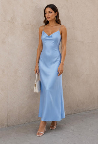 Silk Satin Maxi Blue Dress